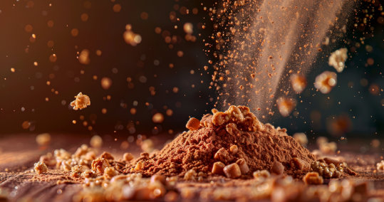 Mound of soy protein powder surrounded by soy crispies with particles floating in warm lighting