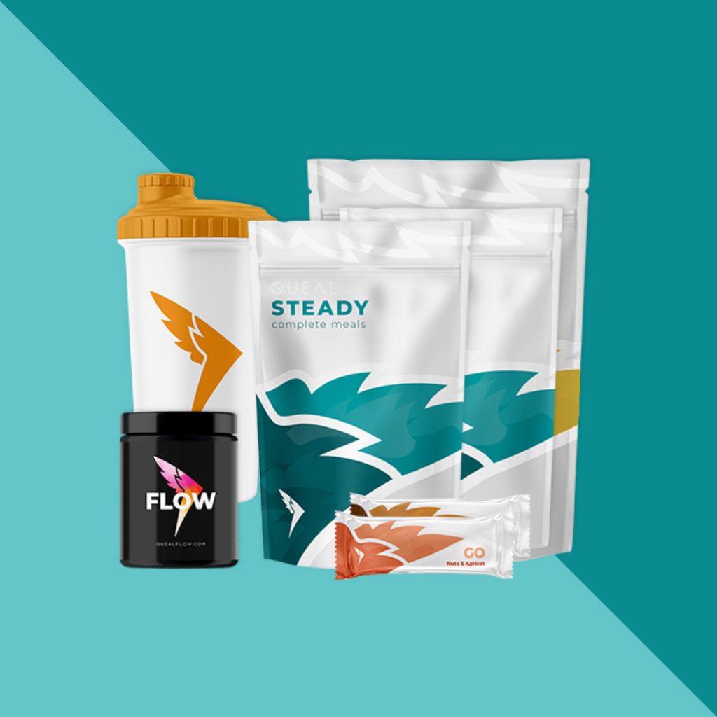 A selection of Queal products including Steady complete meal pouches, a Flow supplement container, a GO protein bar, and a branded shaker with an orange lid, all arranged against a teal and light teal background.