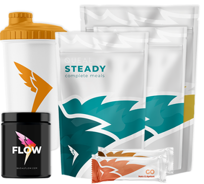 Queal Try Out Deal products including Steady complete meals, Ready-to-drink meal, GO bar, Flow pre-workout, and a shaker bottle.